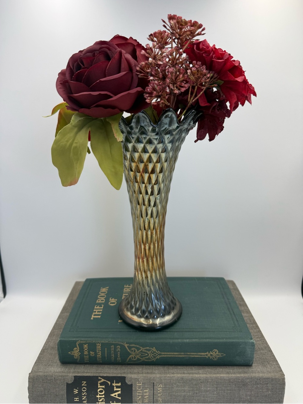 Antique NORTHWOOD Diamond Point Carnival Glass 10” Swung Vase